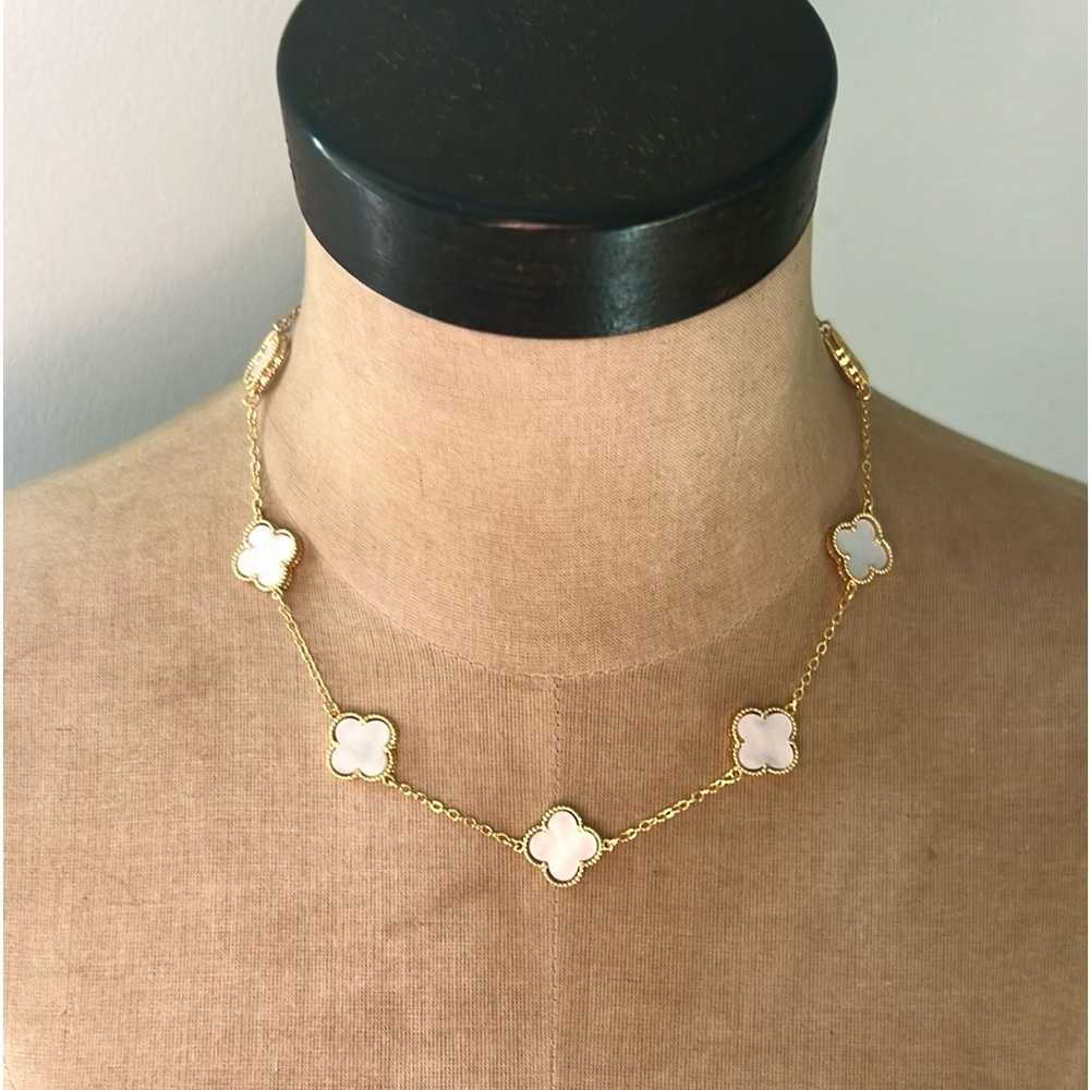NEW White Clover Mother Of Pearl Gold Necklace